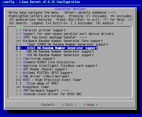 Menuconfig: Intel HW Random Number Generator support 