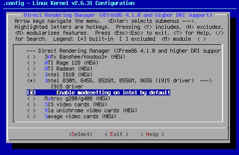 Menuconfig: turning on KMS for Intel GPU's