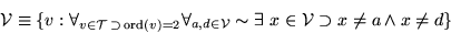 \begin{displaymath}
{\cal V} \equiv \{ v : \forall _{v \in {\cal T}\, \supset\,...
...im\exists\ x \in {\cal V} \supset x \neq a
\wedge x \neq d \}
\end{displaymath}